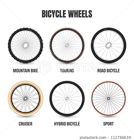Realistic 3d bicycle wheels. Bike rubber tyres, shiny metal spokes and rims. Fitness cycle, touring, sport, road and mountain bike. Vector illustration 112786639