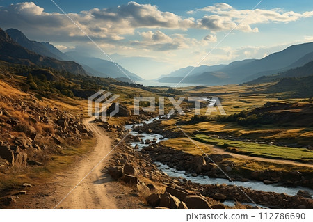 Serpentine Mountain Road by a Flowing River. Generative AI 112786690