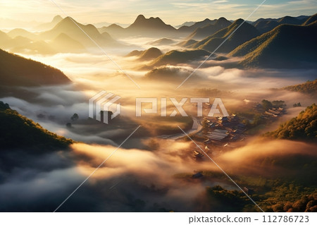 Majestic Sunrise Over Misty Mountain Village. Generative AI Majestic Sunrise Over Misty Mountain Village. Generative AI 112786723