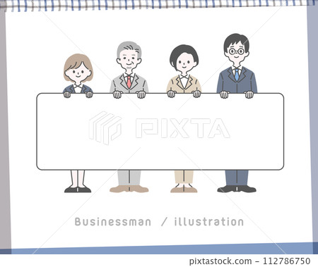 Illustration set of men and women wearing suits holding boards 112786750