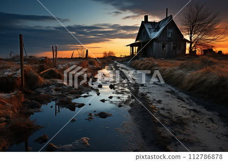 Rustic Farmhouse at Sunset on Country Road. Generative AI 112786878
