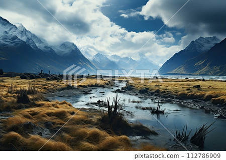 Mountain Valley River with Sunlit Grass. Generative AI 112786909