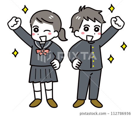 Smiling junior high school students doing a guts pose (whole body) Smiling junior high school students doing a guts pose (whole body) 112786936