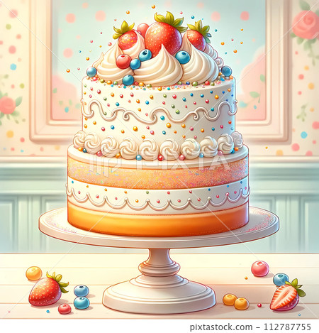 豪華整個蛋糕的插圖。專為慶祝活動準備的大蛋糕。 豪華整個蛋糕的插圖。專為慶祝活動準備的大蛋糕。 112787755