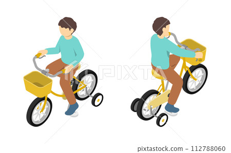 等距插圖：騎自行車與訓練輪的孩子 112788060
