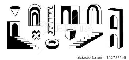 Outline stairs and arcs set. Black and white surreal geometric element collection. 3d perspective arch door, ladder, staircase, gate bundle. Retro shapes for collage, poster, banner. Vector art pack 112788346