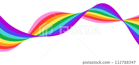LGBTQ Pride month flag stripe. Rainbow wavy flowing ribbon design element. Rainbow colored wave background template shape for banner, poster, flyer, brochure, booklet, cover. Vector backdrop 112788347