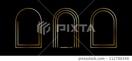 Golden thin arc frame set. Gold geometric borders in art deco style. Thin linear arch and curved shape collection. Yellow glowing shiny boarder element pack. Vector bundle for photo, cadre, poster Golden thin arc frame set. Gold geometric borders in art deco style. Thin linear arch and curved shape collection. Yellow glowing shiny boarder element pack. Vector bundle for photo, cadre, poster 112788348