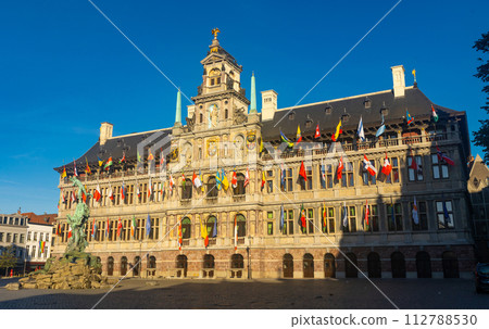 Brabo fountain and Antwerp City Hall on central Grote Markt square Brabo fountain and Antwerp City Hall on central Grote Markt square 112788530