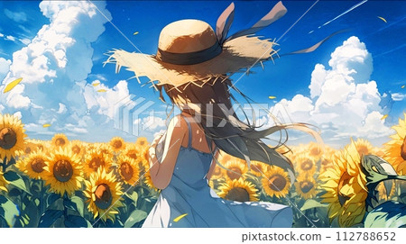 Anime style illustration of a sunflower field and a girl in a straw hat 112788652