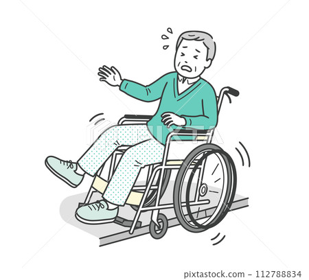 An elderly man sitting in a wheelchair who is about to fall on a step An elderly man sitting in a wheelchair who is about to fall on a step 112788834