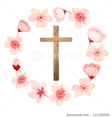 Watercolor wooden cross in a cherry flowers frame for Easter, holy Thursday isolated on white 112789504