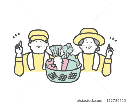 An elderly couple working at a farm, smiling and pointing, harvesting vegetables 112789523
