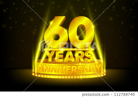60 Years Anniversary Celebration. Anniversary podium. Anniversaries concept. Gold stage on black background. Vector illustration. 112789740