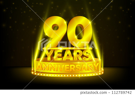 90 Years Anniversary Celebration. Anniversary podium. Anniversaries concept. Gold stage on black background. Vector illustration. 112789742