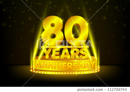 80 Years Anniversary Celebration. Anniversary podium. Anniversaries concept. Gold stage on black background. Vector illustration. 112789743