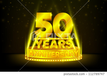 50 Years Anniversary Celebration. Anniversary podium. Anniversaries concept. Gold stage on black background. Vector illustration. 50 Years Anniversary Celebration. Anniversary podium. Anniversaries concept. Gold stage on black background. Vector illustration. 112789747