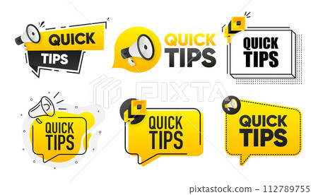 Quick Tips. Megaphone label collection with text. Marketing and promotion. Vector Illustration. 112789755