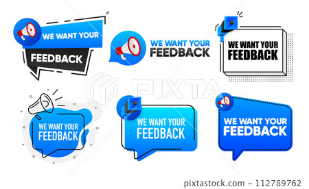 We Want Your Feedback. Megaphone label collection with text. Marketing and promotion. Vector Illustration. 112789762