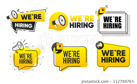 We are Hiring. Megaphone label collection with text. Marketing and promotion. Vector Illustration. 112789763