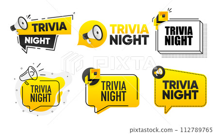 Trivia Night. Megaphone label collection with text. Marketing and promotion. Vector Illustration. 112789765