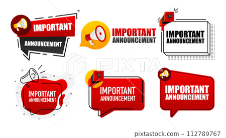Important Announcement. Megaphone label collection with text. Marketing and promotion. Vector Illustration. Important Announcement. Megaphone label collection with text. Marketing and promotion. Vector Illustration. 112789767