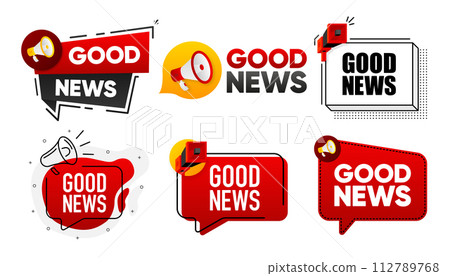Good News. Megaphone label collection with text. Marketing and promotion. Vector Illustration. 112789768