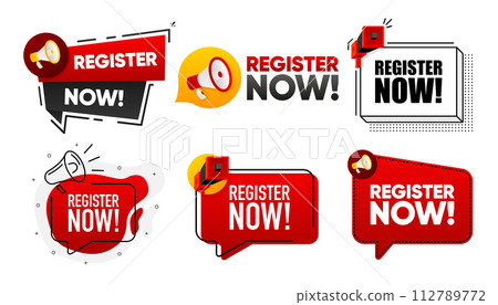 Register Now. Megaphone label collection with text. Marketing and promotion. Vector Illustration. Register Now. Megaphone label collection with text. Marketing and promotion. Vector Illustration. 112789772