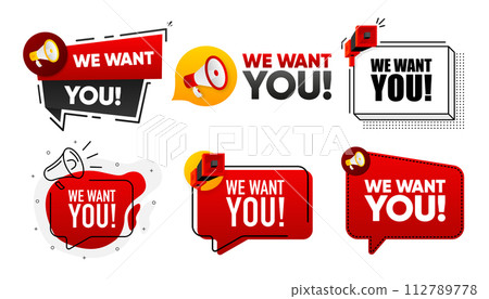 We Want You. Megaphone label collection with text. Marketing and promotion. Vector Illustration. 112789778