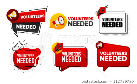 Volunteers Needed. Megaphone label collection with text. Marketing and promotion. Vector Illustration. 112789780