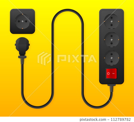Socket Extension cord. Electric Power outlet plug. Current equipment with different ports connectors. Vector illustration. Socket Extension cord. Electric Power outlet plug. Current equipment with different ports connectors. Vector illustration. 112789782