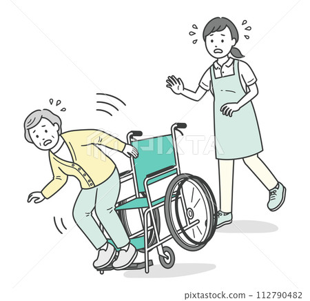 一位即將跌倒在輪椅上的老年婦女和她的護理人員 112790482