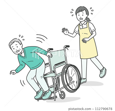 An elderly man and his caregiver who are about to fall in a wheelchair An elderly man and his caregiver who are about to fall in a wheelchair 112790678