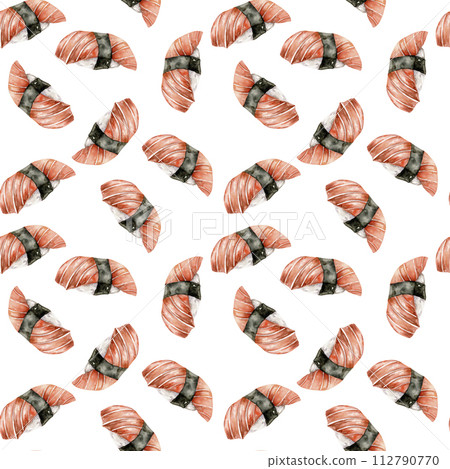 Watercolor seafood seamless pattern, Hand drawn background with japanese sashimi with fresh salmon on top for menu, restaurant, cafe, packing design 112790770