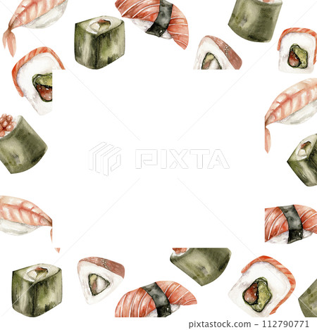 Watercolor asian sea food frame with sushi, sashimi and rolls. Hand drawn japanese traditional sea food with shrimp, salmon and caviar for menu, restaurant, cafe, packing design. Watercolor asian sea food frame with sushi, sashimi and rolls. Hand drawn japanese traditional sea food with shrimp, salmon and caviar for menu, restaurant, cafe, packing design. 112790771