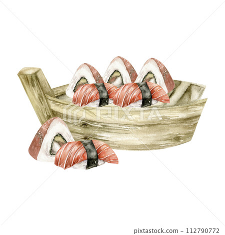 Watercolor japanese sushi and sashimi set on wooden board. Sea food illustration of Asian eatery with salmon and caviar for restaurant, bar, cafe, menu design. Watercolor japanese sushi and sashimi set on wooden board. Sea food illustration of Asian eatery with salmon and caviar for restaurant, bar, cafe, menu design. 112790772