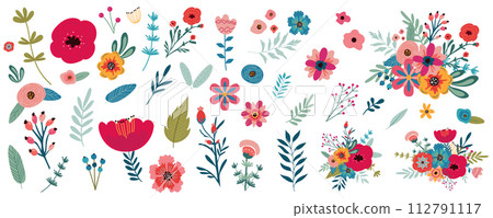 Flowers mega set in flat graphic design. Bundle elements of abstract different blooming wildflowers and spring blossoms, bouquet arrangements, herbs and plants. Vector illustration isolated objects Flowers mega set in flat graphic design. Bundle elements of abstract different blooming wildflowers and spring blossoms, bouquet arrangements, herbs and plants. Vector illustration isolated objects 112791117