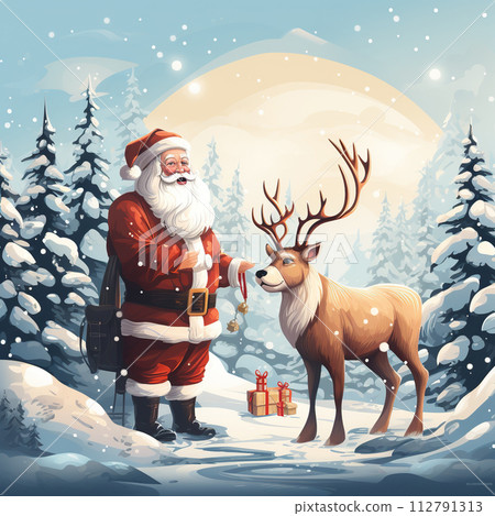 Santa Claus with reindeer and dog in winter forest. Christmas illustration. Generative AI 112791313