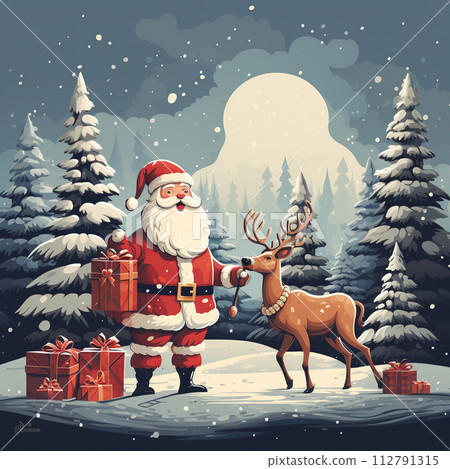 Santa Claus with reindeer and gifts in winter forest. Vector illustration. Generative AI Santa Claus with reindeer and gifts in winter forest. Vector illustration. Generative AI 112791315