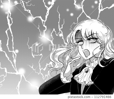 impact! An illustration of a handsome aristocratic-looking man who is struck by electricity and is surprised by the whites of his eyes. 112791466