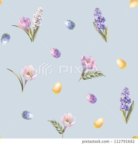 Watercolor Easter seamless pattern. Hand painted holiday wallpaper design with colored eggs and spring flowers on blue background. Vintage style spring texture Watercolor Easter seamless pattern. Hand painted holiday wallpaper design with colored eggs and spring flowers on blue background. Vintage style spring texture 112791682