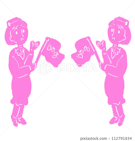 Illustration of a bus guide holding a flag and guiding the way 112791834