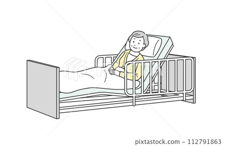 Illustration of an elderly woman lying in bed and a nursing care bed Illustration of an elderly woman lying in bed and a nursing care bed 112791863