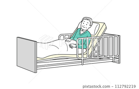 Illustration of an elderly man lying in bed and a nursing care bed 112792219
