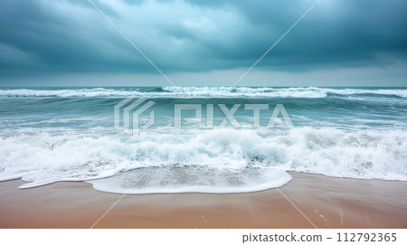 Beautiful scene features empty sandy beach with sea background, Generative AI 112792365