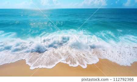 Beautiful scene features empty sandy beach with sea background, Generative AI 112792366
