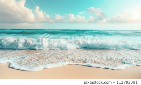 Beautiful scene features empty sandy beach with sea background, Generative AI 112792381