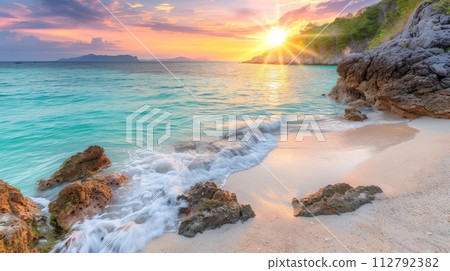 Beautiful scene features empty sandy beach with sea background, Generative AI 112792382
