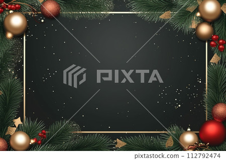 Christmas background with fir tree branches, balls, and snowflakes. Vector illustration. Generative AI 112792474
