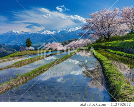 盛開的櫻花和稻田，日本鄉村風景插畫 112792632
